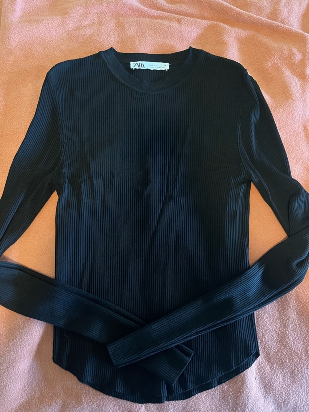 Zara Black Ribbed Crewneck Long Sleeve Top